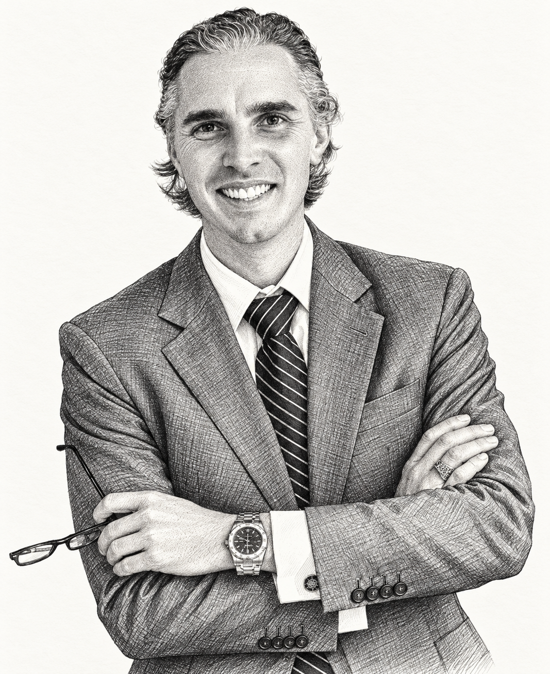 Pencil and stipple portrait of Hunter Gaylor smiling with arms crossed